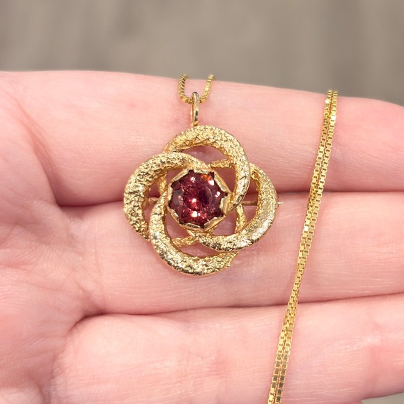 Vintage 14K Gold Pink Tourmaline Brooch Pendant: Celtic Clover Design - Picture 3 of 12